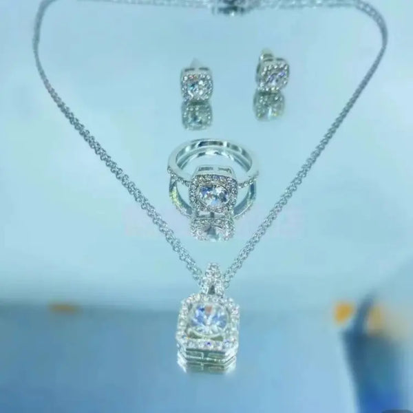 Fashion three-piece necklace + earrings + ring light luxury niche design micro-paved zircon jewelry