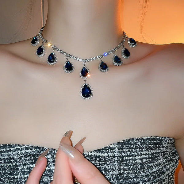 Luxury Square Crystal Necklace Earrings for Women Dark Blue Water Drop Earrings Wedding Bride Jewelry Sets