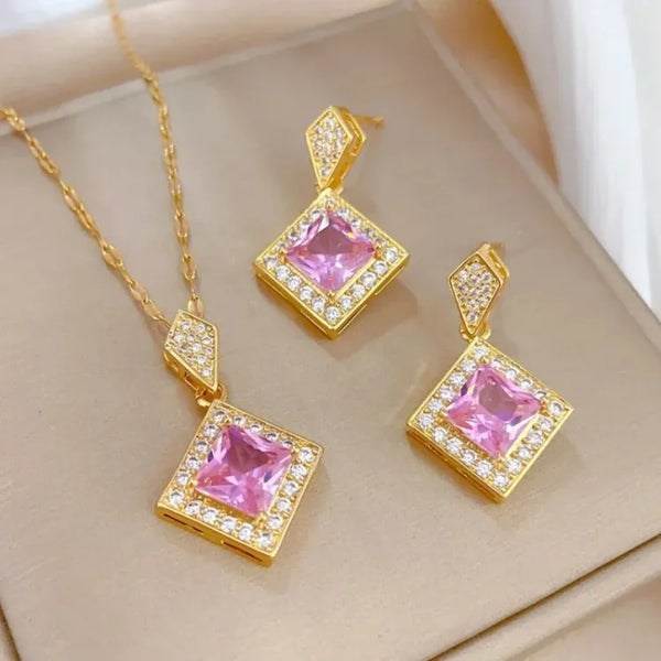 Exquisite Geometry Square Necklace Earrings Bracelet Jewelry Set Charm Ladies Jewelry Fashion Bridal Accessory Set Romantic Gift
